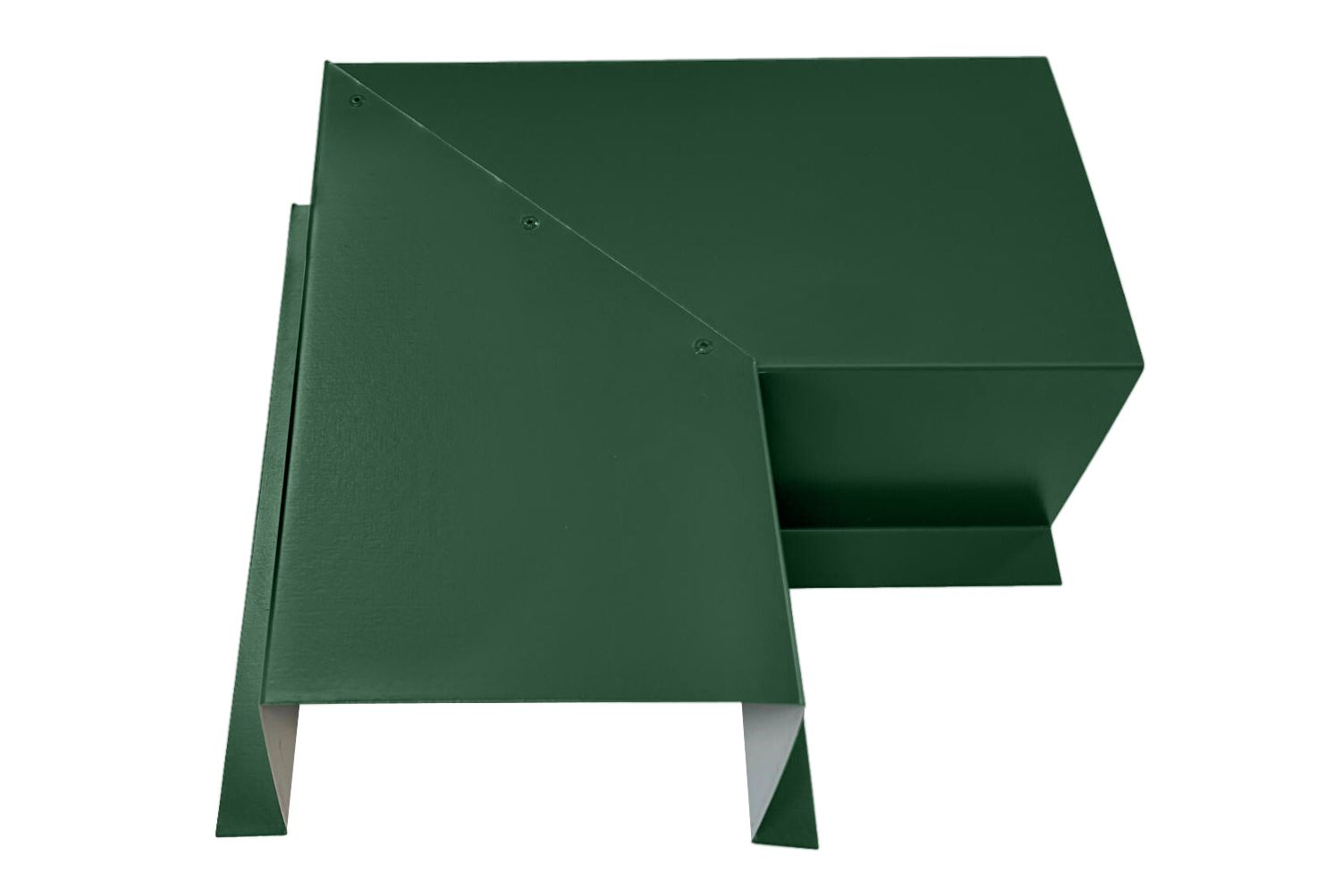 A PermaCover Metal HVAC Line Set Cover 90° Side Turning Elbow that is made to attach to exterior walls to cover existing HVAC line sets. The elbow cover is Classic Green in color. 