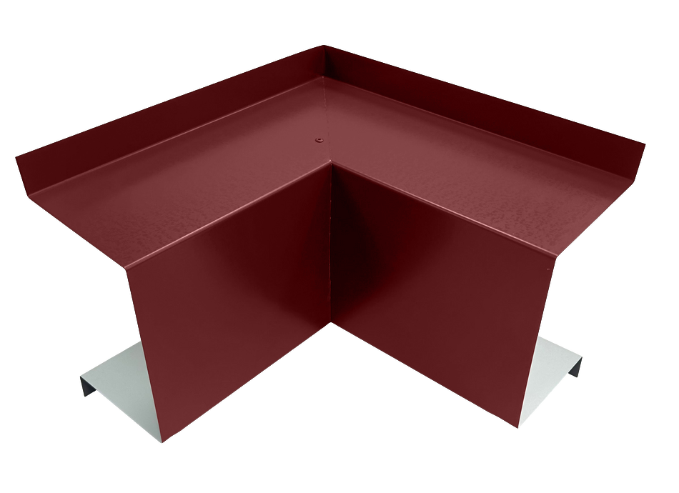 A PermaCover Metal HVAC Line Set Cover Inside Corner Elbow that is made to attach to exterior walls to cover existing HVAC line sets. The elbow cover is Colonial Red in color. 