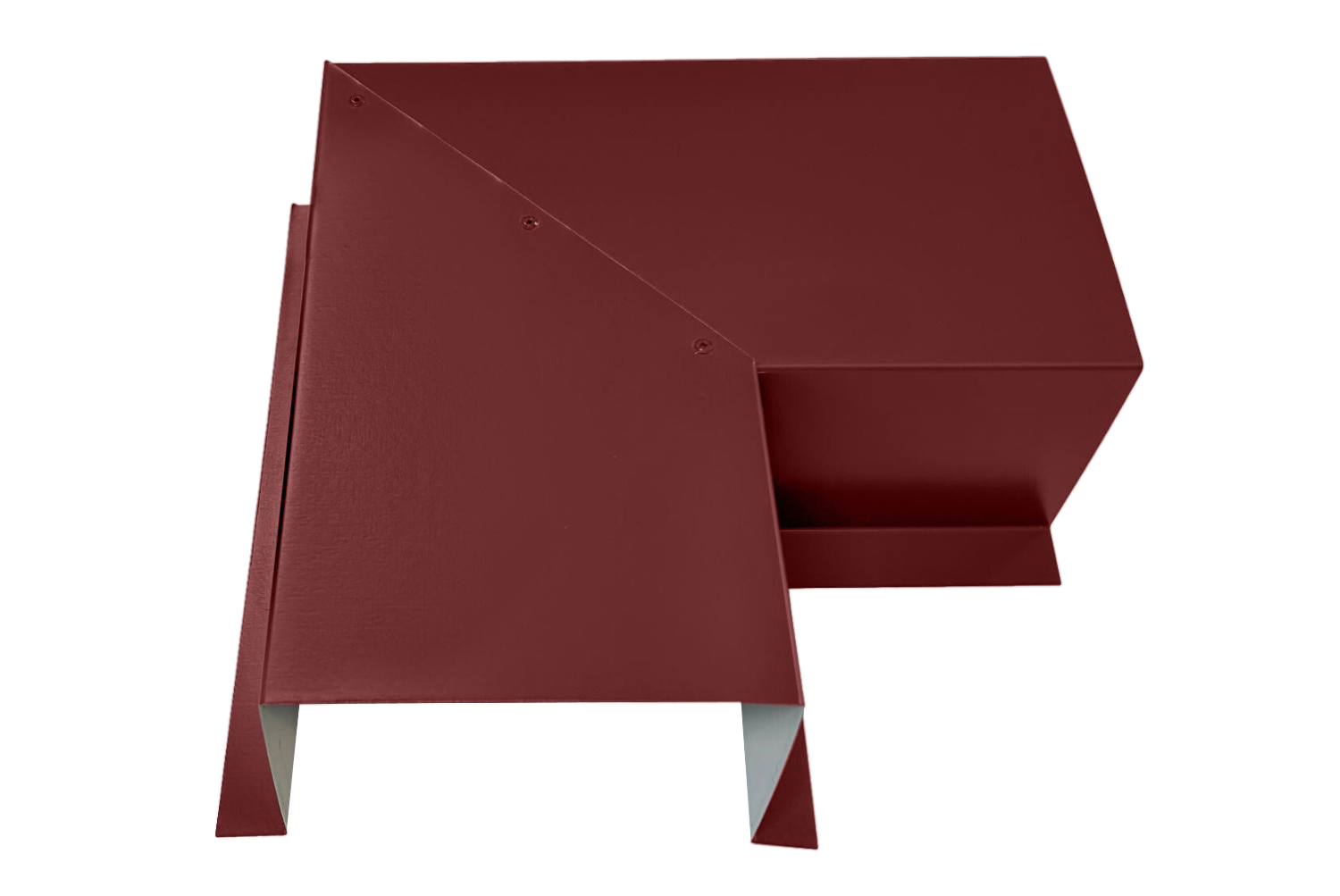 A PermaCover Metal HVAC Line Set Cover 90° Side Turning Elbow that is made to attach to exterior walls to cover existing HVAC line sets. The elbow cover is Colonial Red in color. 