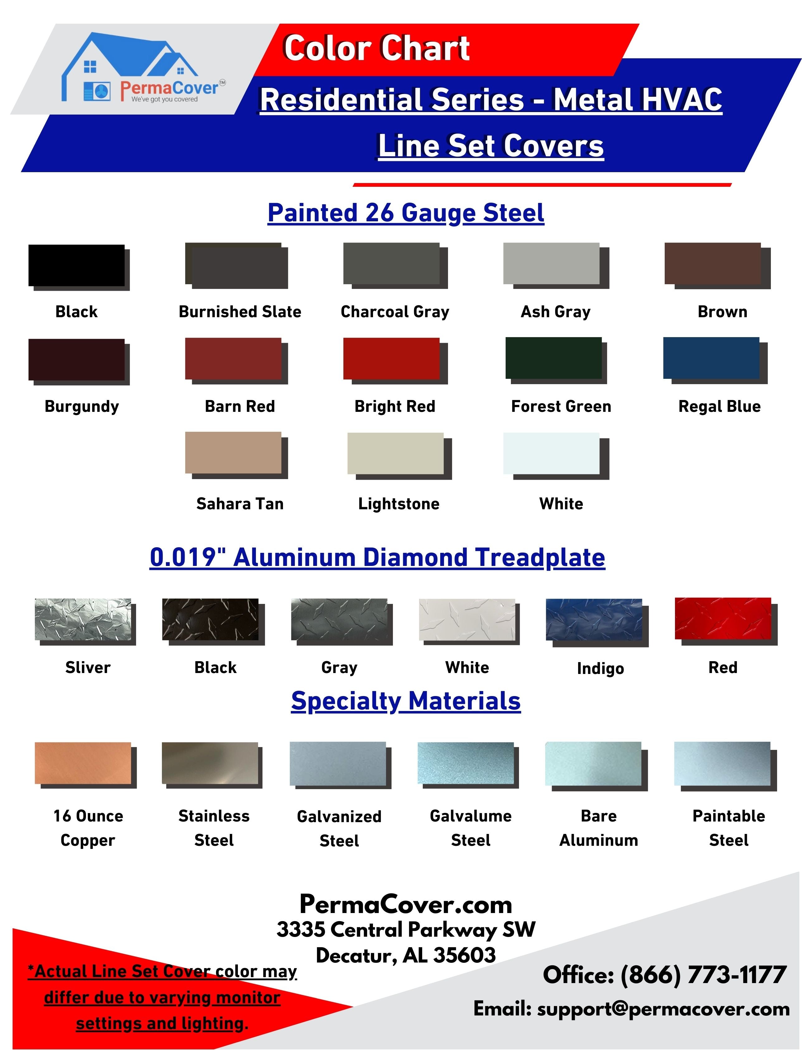 A color chart featuring all the colors and materials offered in the Residential Series 26 Gauge Metal Line Set Covers. 