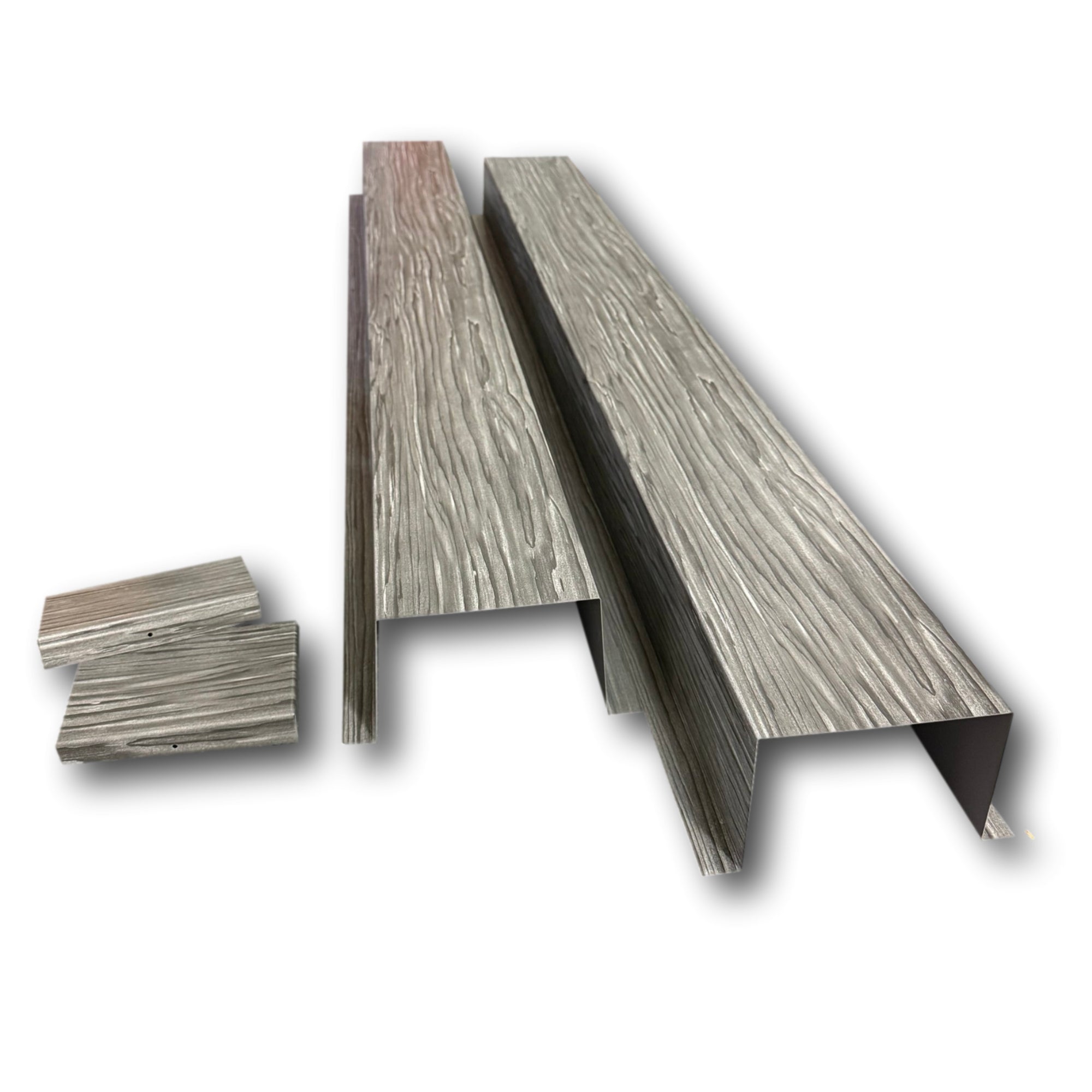 A PermaCover HVAC Line Set Cover used for covering exposed HVAC line sets. The cover is made from 24 Gauge Painted Steel and is a Driftwood Gray Wood texture. 