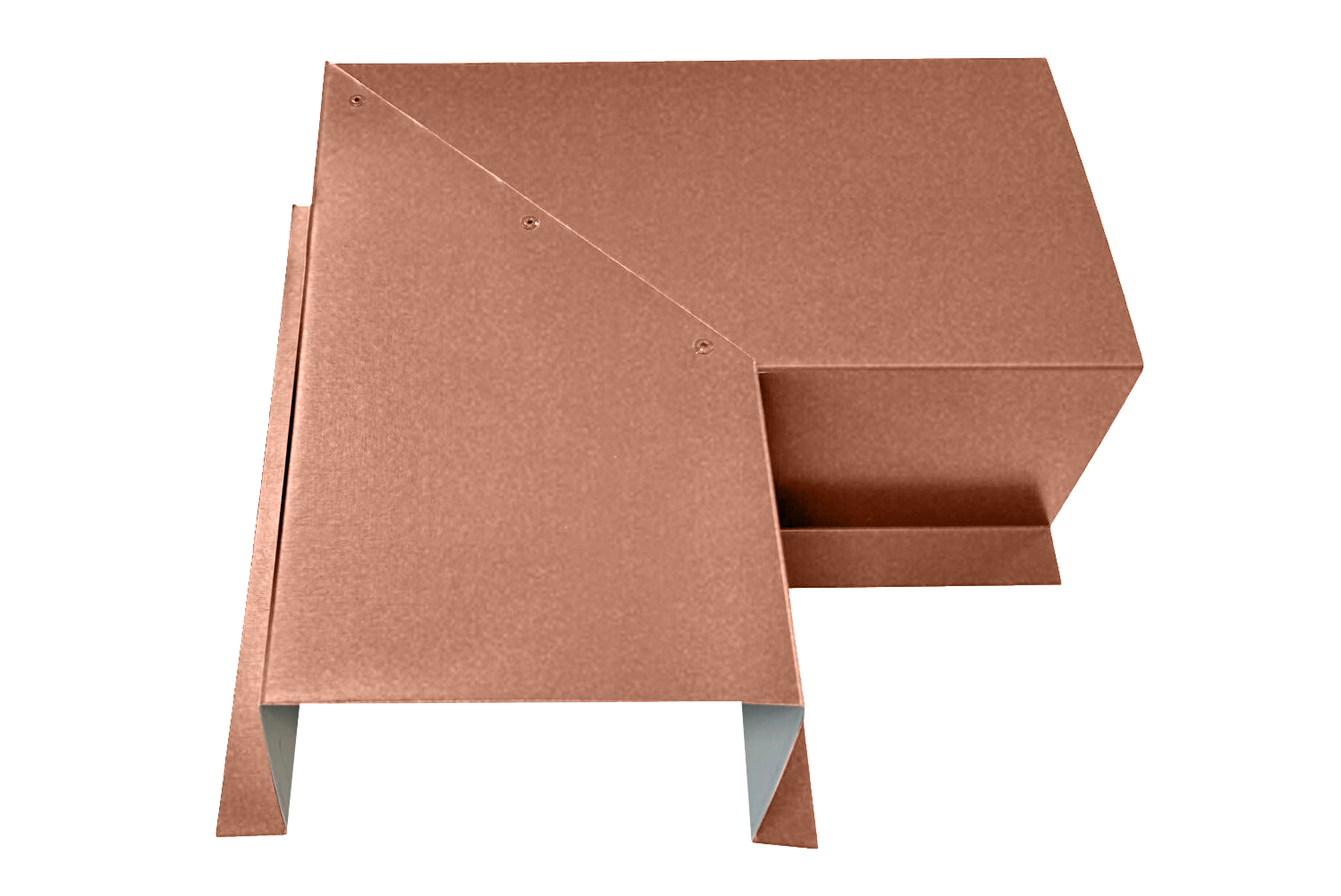 A PermaCover Metal HVAC Line Set Cover 90° Side Turning Elbow that is made to attach to exterior walls to cover existing HVAC line sets. The elbow cover is Copper Penny in color. 