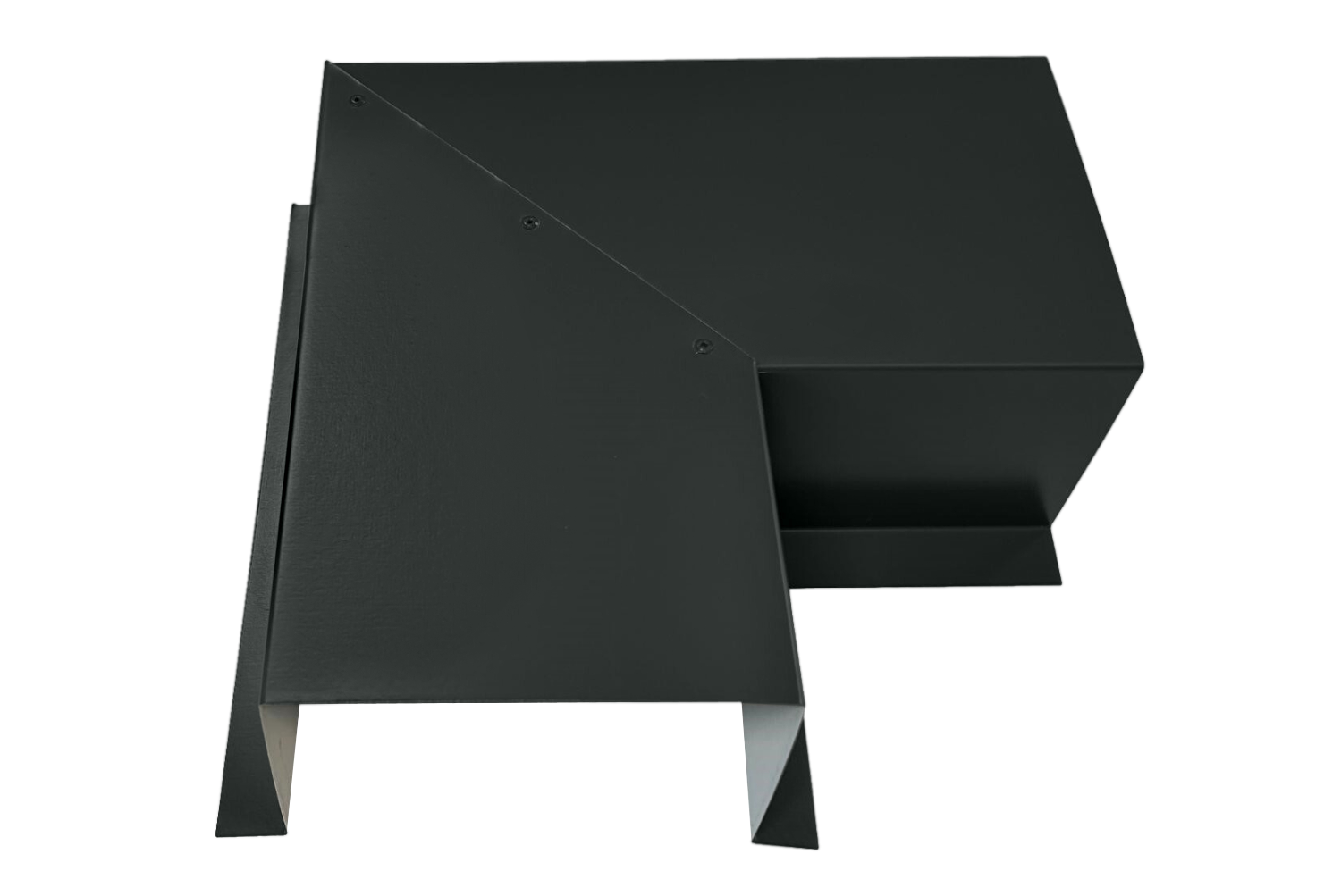 A PermaCover Metal HVAC Line Set Cover 90° Side Turning Elbow that is made to attach to exterior walls to cover existing HVAC line sets. The elbow cover is Dark Bronze in color. 