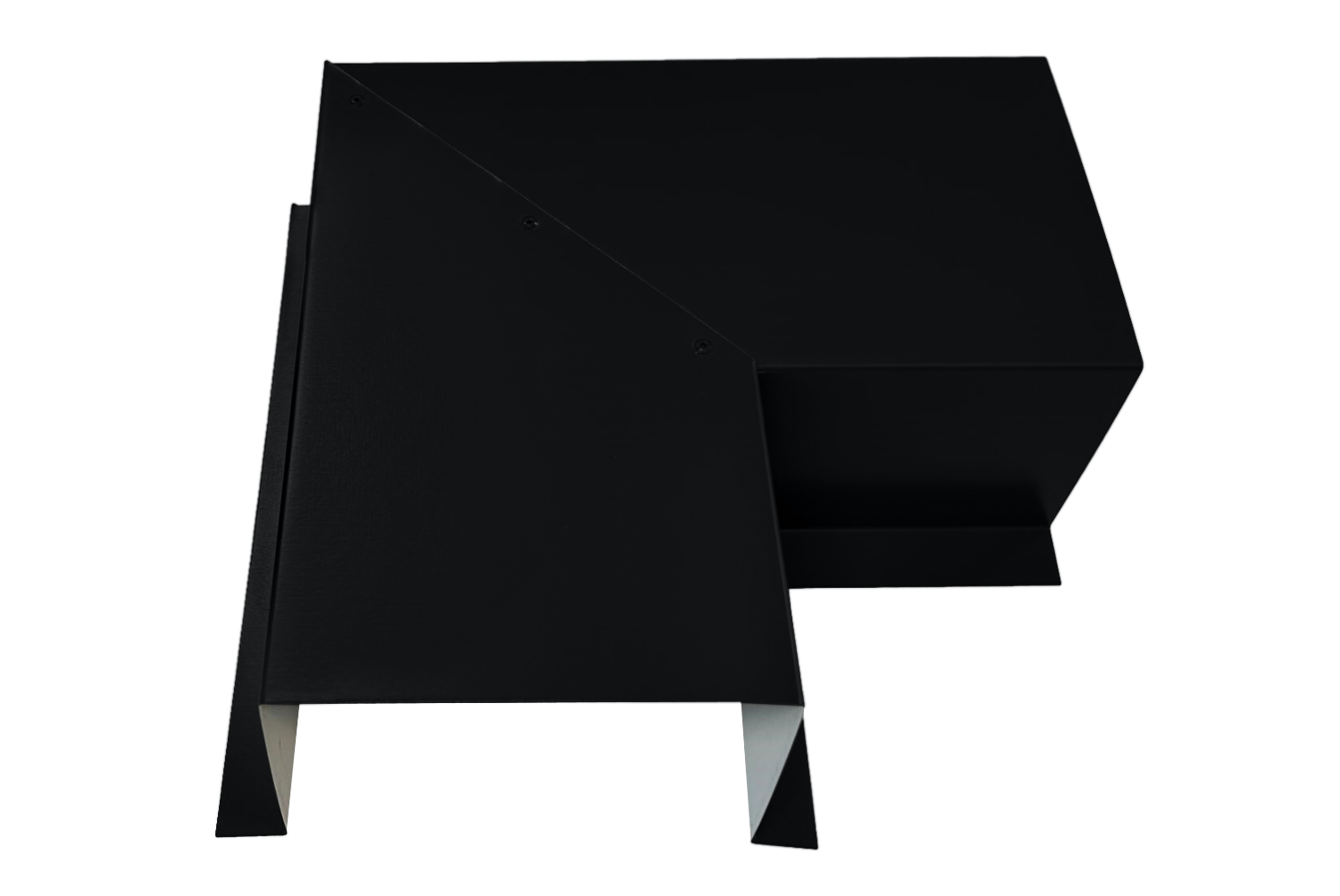 A PermaCover Metal HVAC Line Set Cover 90° Side Turning Elbow that is made to attach to exterior walls to cover existing HVAC line sets. The elbow cover is Deep Black in color. 