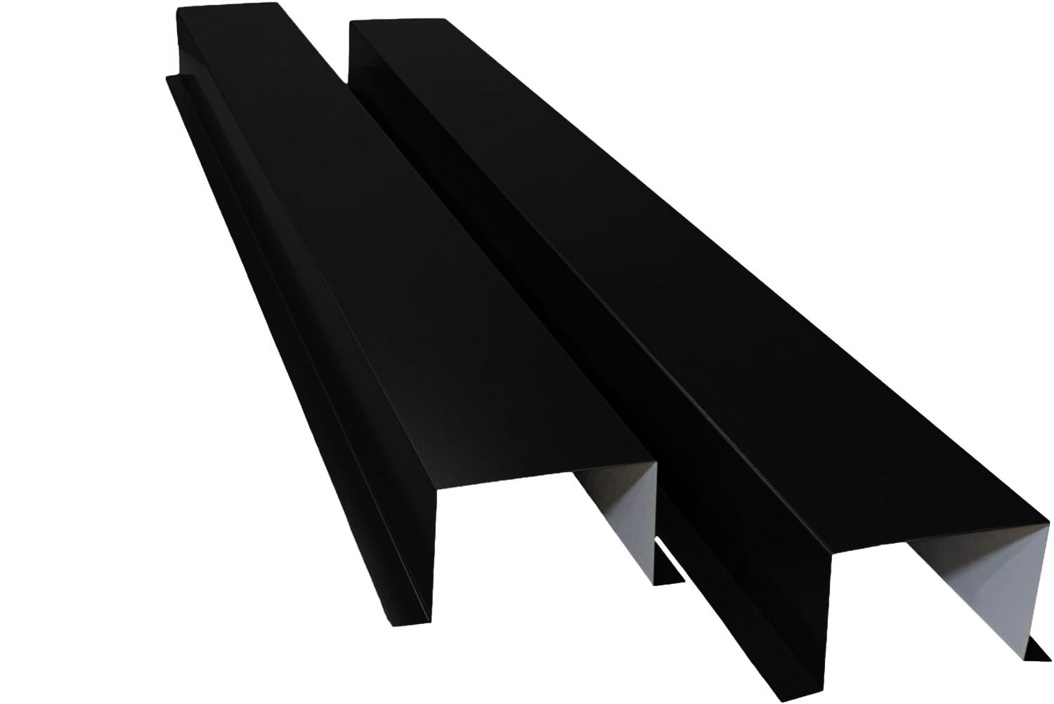 A PermaCover Metal HVAC Line Ste Cover Kit that consists of two 5 foot long sections. The covers telescope together and attach to exterior walls to cover existing HVAC line sets. The cover is Deep Black in color. 