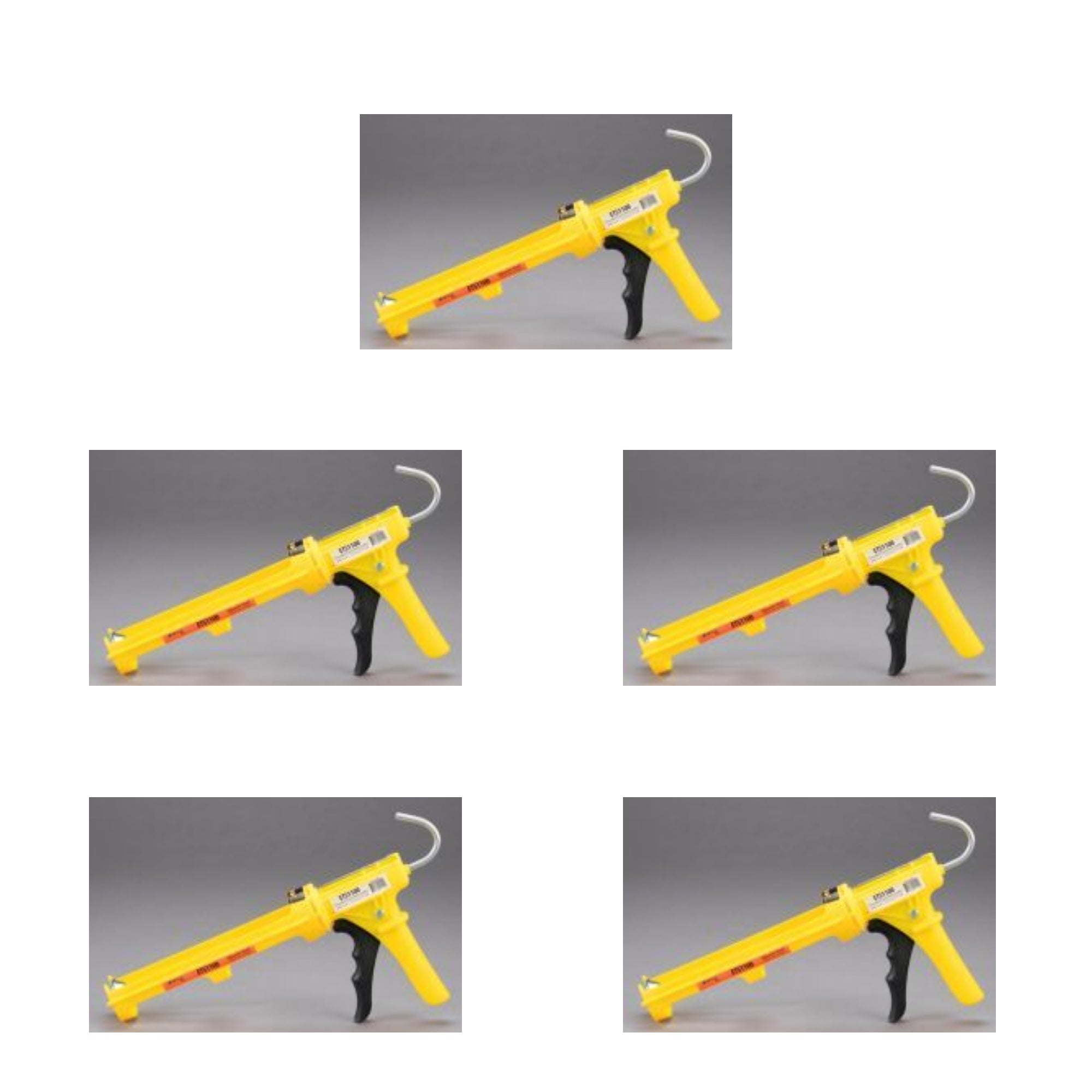 Five dripless plastic caulking guns that are yellow in color and hold sealant and caulk for applying to surfaces. 