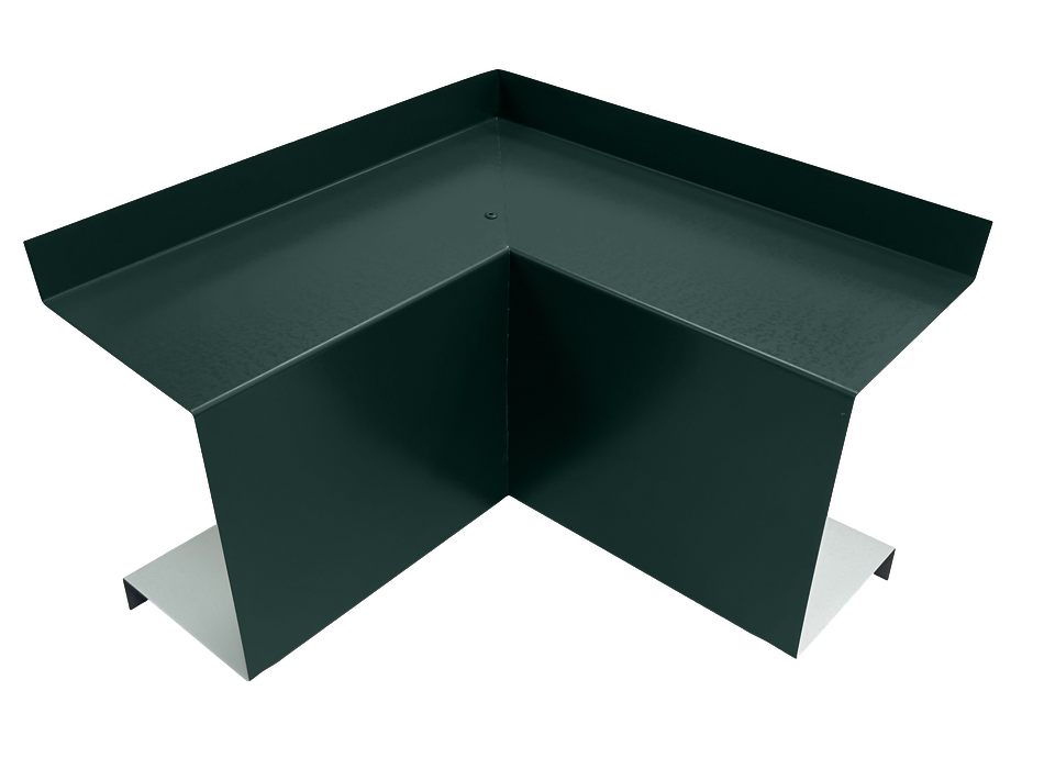 A PermaCover Metal HVAC Line Set Cover Inside Corner Elbow that is made to attach to exterior walls to cover existing HVAC line sets. The elbow cover is Hartford Green in color. 