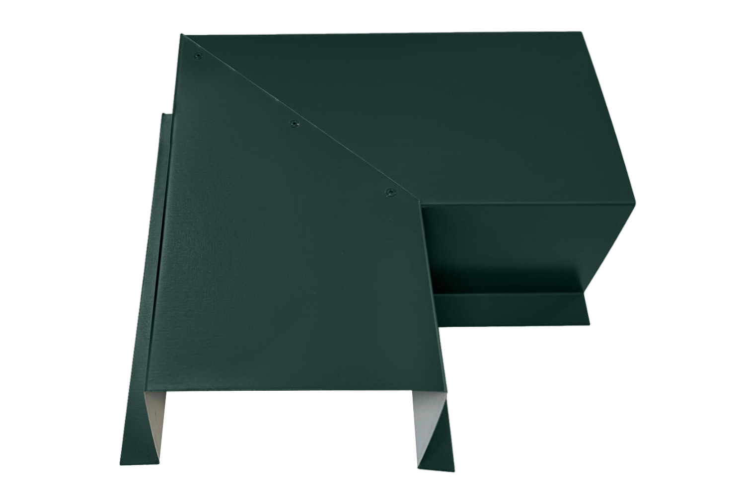 A PermaCover Metal HVAC Line Set Cover 90° Side Turning Elbow that is made to attach to exterior walls to cover existing HVAC line sets. The elbow cover is Hartford Green in color. 