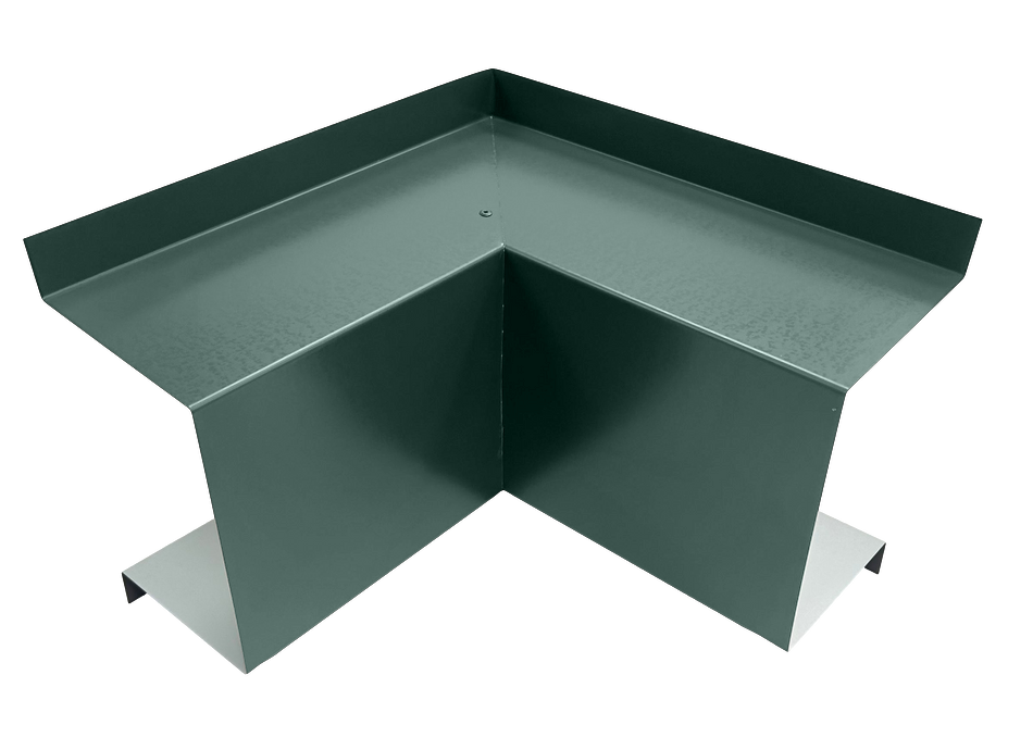 A PermaCover Metal HVAC Line Set Cover Inside Corner Elbow that is made to attach to exterior walls to cover existing HVAC line sets. The elbow cover is Hemlock Green in color. 