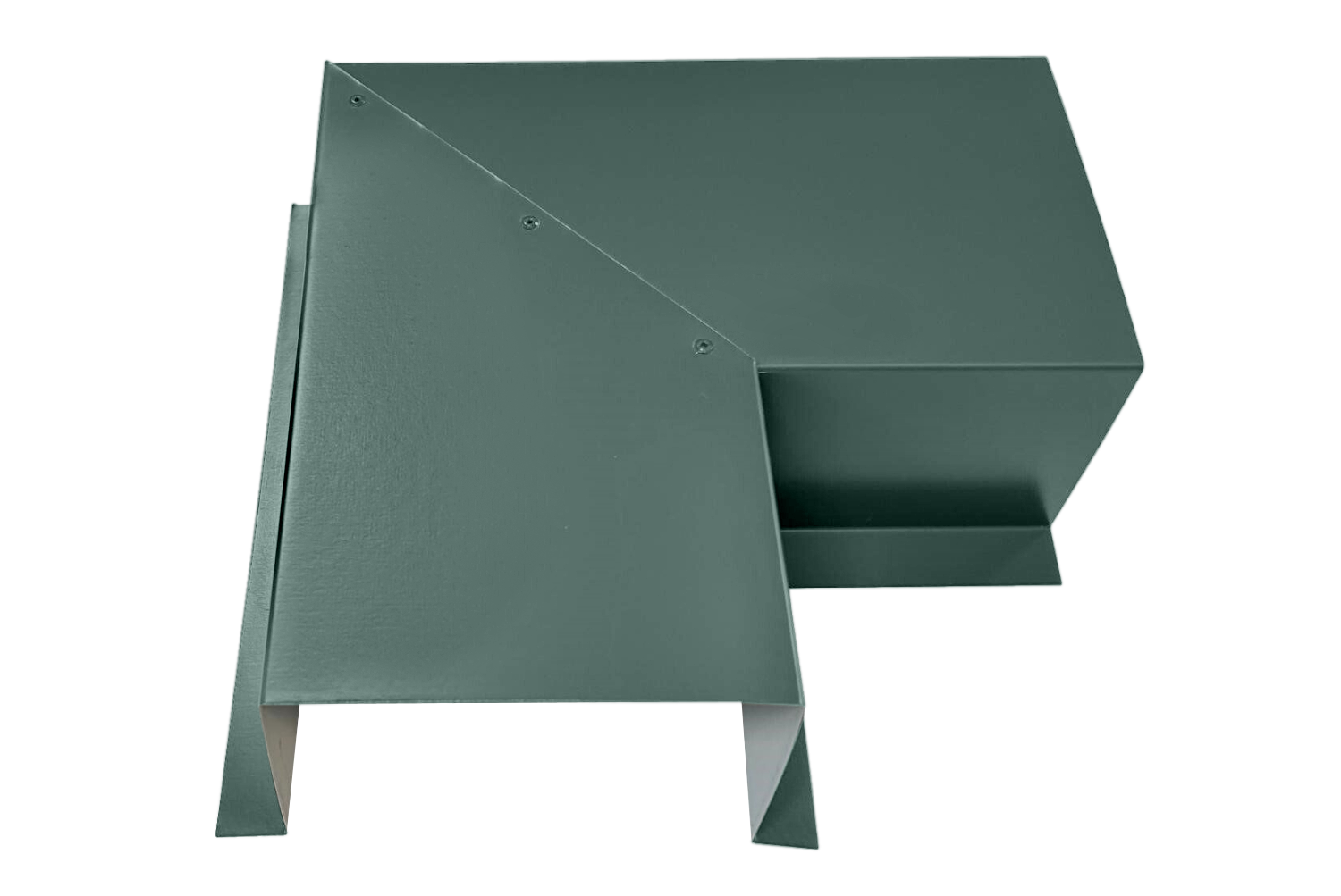 A PermaCover Metal HVAC Line Set Cover 90° Side Turning Elbow that is made to attach to exterior walls to cover existing HVAC line sets. The elbow cover is Hemlock Green in color. 