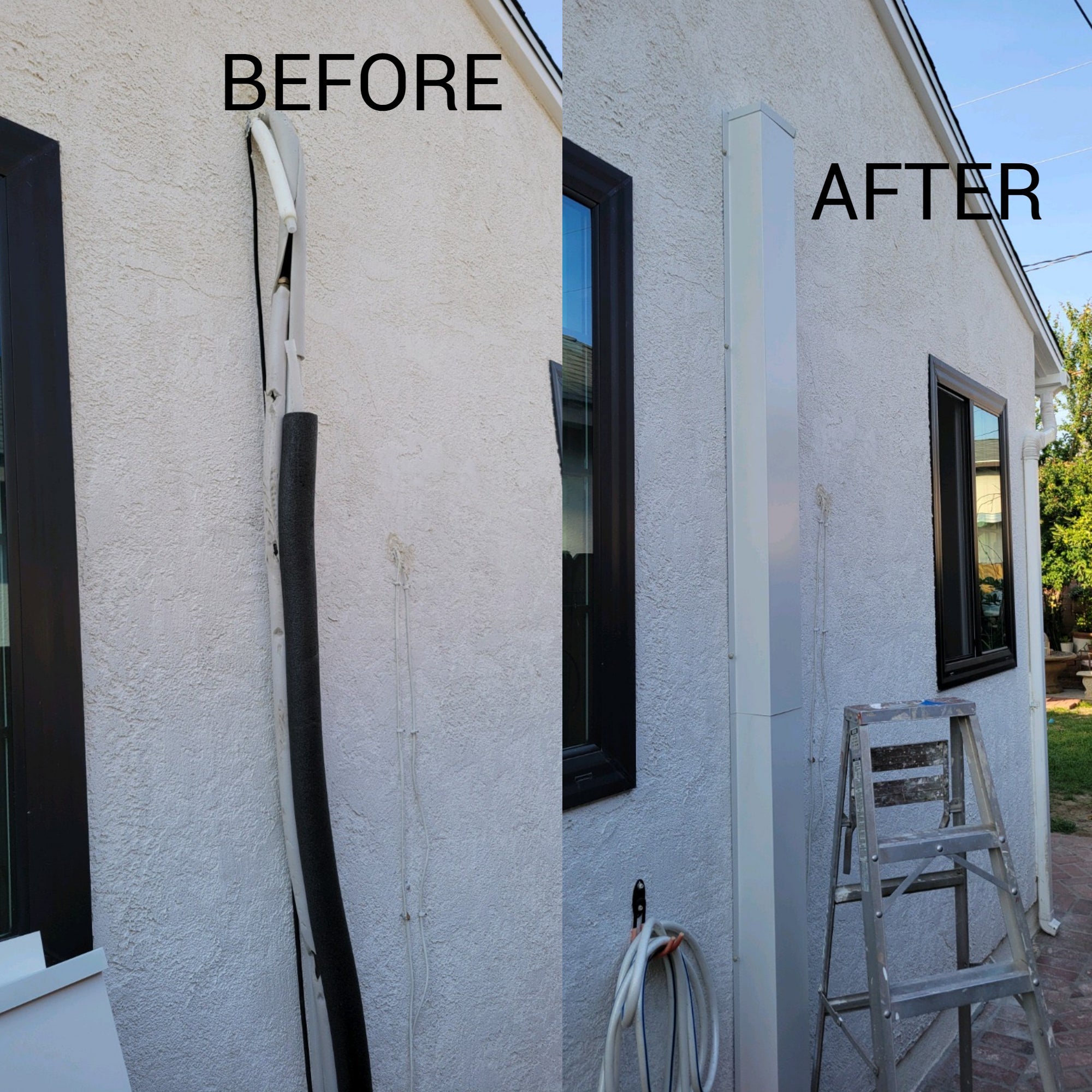 A before and after example of a line set cover on an HVAC line set. 