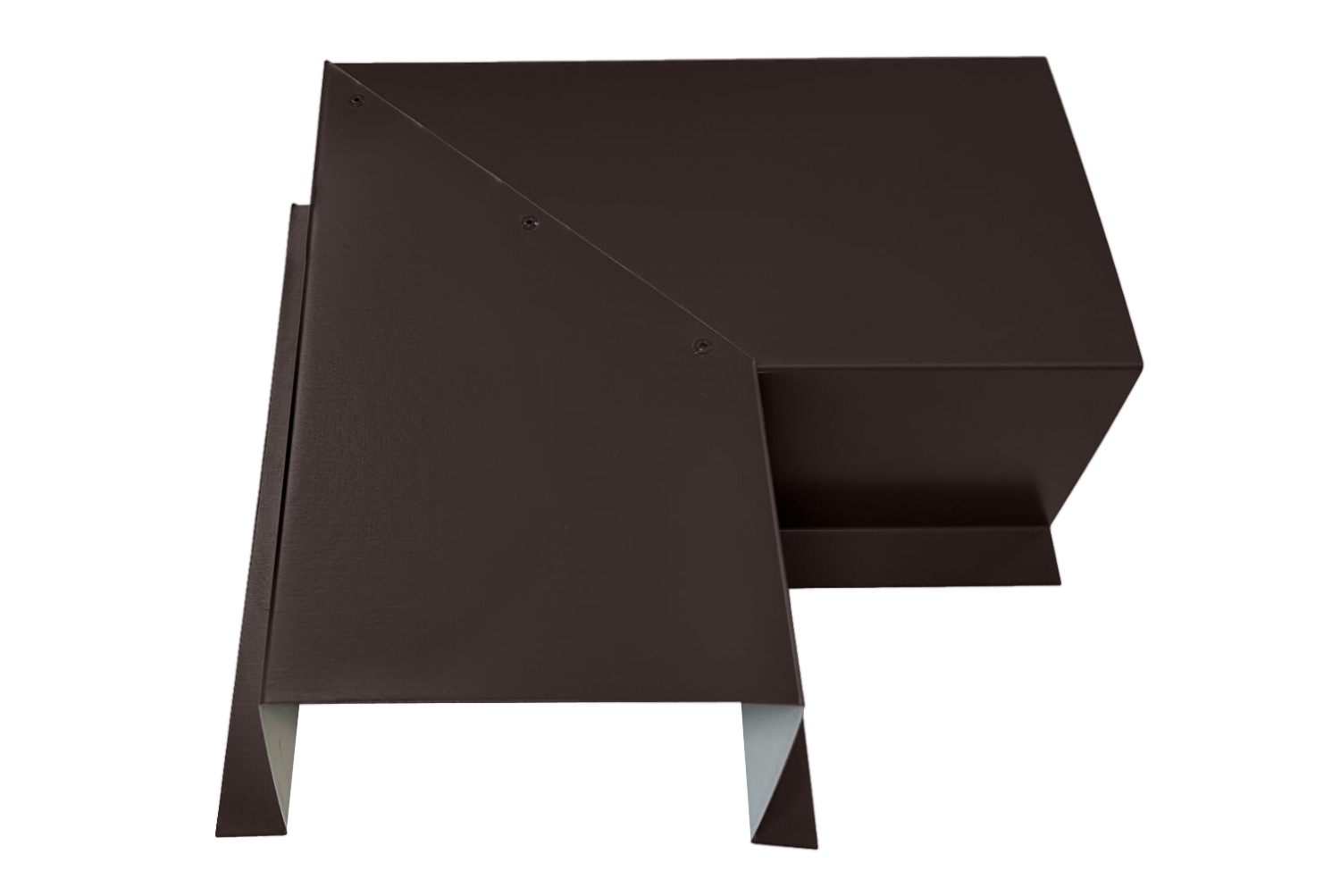 A PermaCover Metal HVAC Line Set Cover 90° Side Turning Elbow that is made to attach to exterior walls to cover existing HVAC line sets. The elbow cover is Mansard Brown in color. 