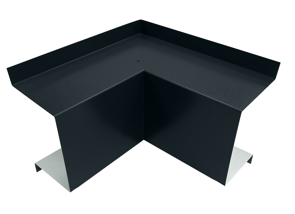 A PermaCover Metal HVAC Line Set Cover Inside Corner Elbow that is made to attach to exterior walls to cover existing HVAC line sets. The elbow cover is Matte Black in color. 