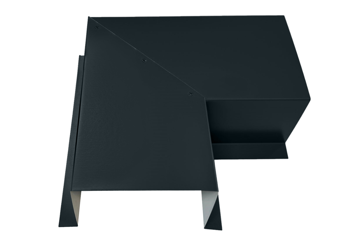 A PermaCover Metal HVAC Line Set Cover 90° Side Turning Elbow that is made to attach to exterior walls to cover existing HVAC line sets. The elbow cover is Matte Black in color. 