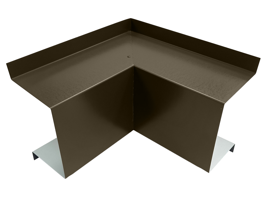 A PermaCover Metal HVAC Line Set Cover Inside Corner Elbow that is made to attach to exterior walls to cover existing HVAC line sets. The elbow cover is Medium Bronze in color. 