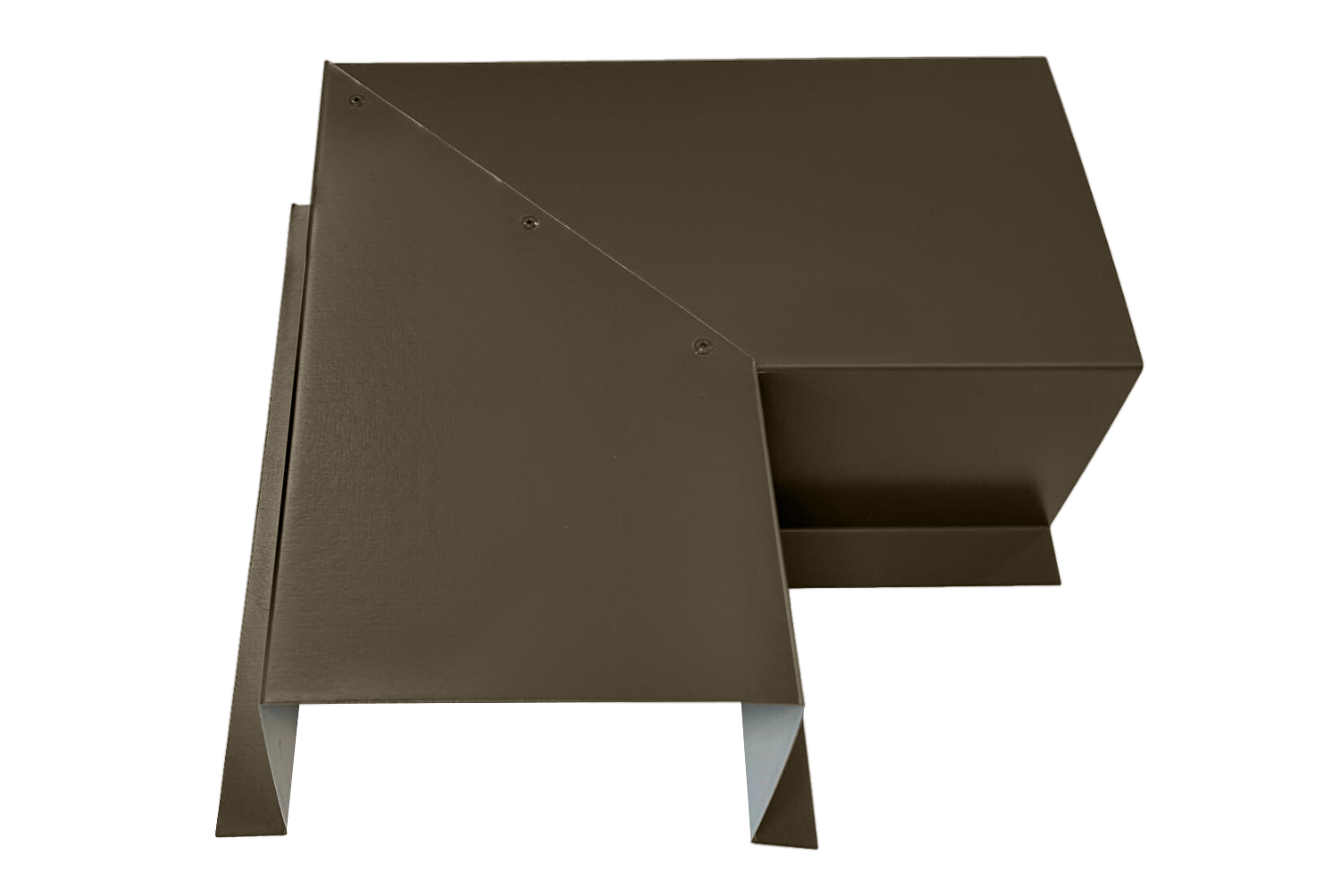 A PermaCover Metal HVAC Line Set Cover 90° Side Turning Elbow that is made to attach to exterior walls to cover existing HVAC line sets. The elbow cover is Medium Bronze in color. 