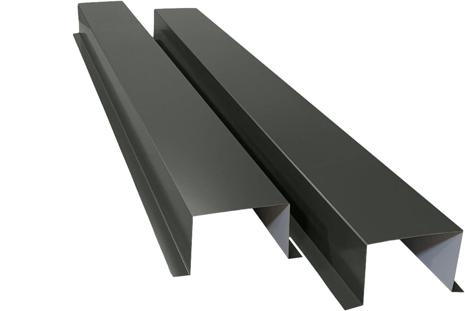 A PermaCover Metal HVAC Line Ste Cover Kit that consists of two 5 foot long sections. The covers telescope together and attach to exterior walls to cover existing HVAC line sets. The cover is Musket Gray in color. 