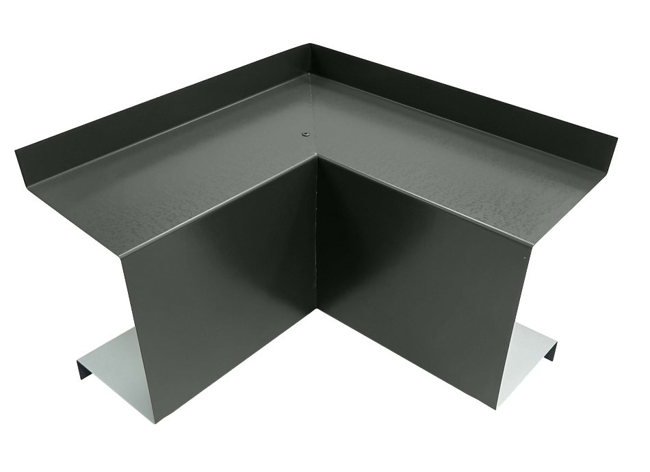 A PermaCover Metal HVAC Line Set Cover Inside Corner Elbow that is made to attach to exterior walls to cover existing HVAC line sets. The elbow cover is Musket Gray in color. 