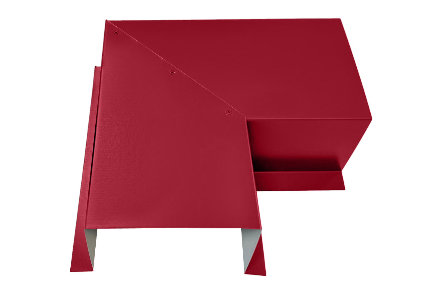 A PermaCover Metal HVAC Line Set Cover 90° Side Turning Elbow that is made to attach to exterior walls to cover existing HVAC line sets. The elbow cover is Regal Red in color. 