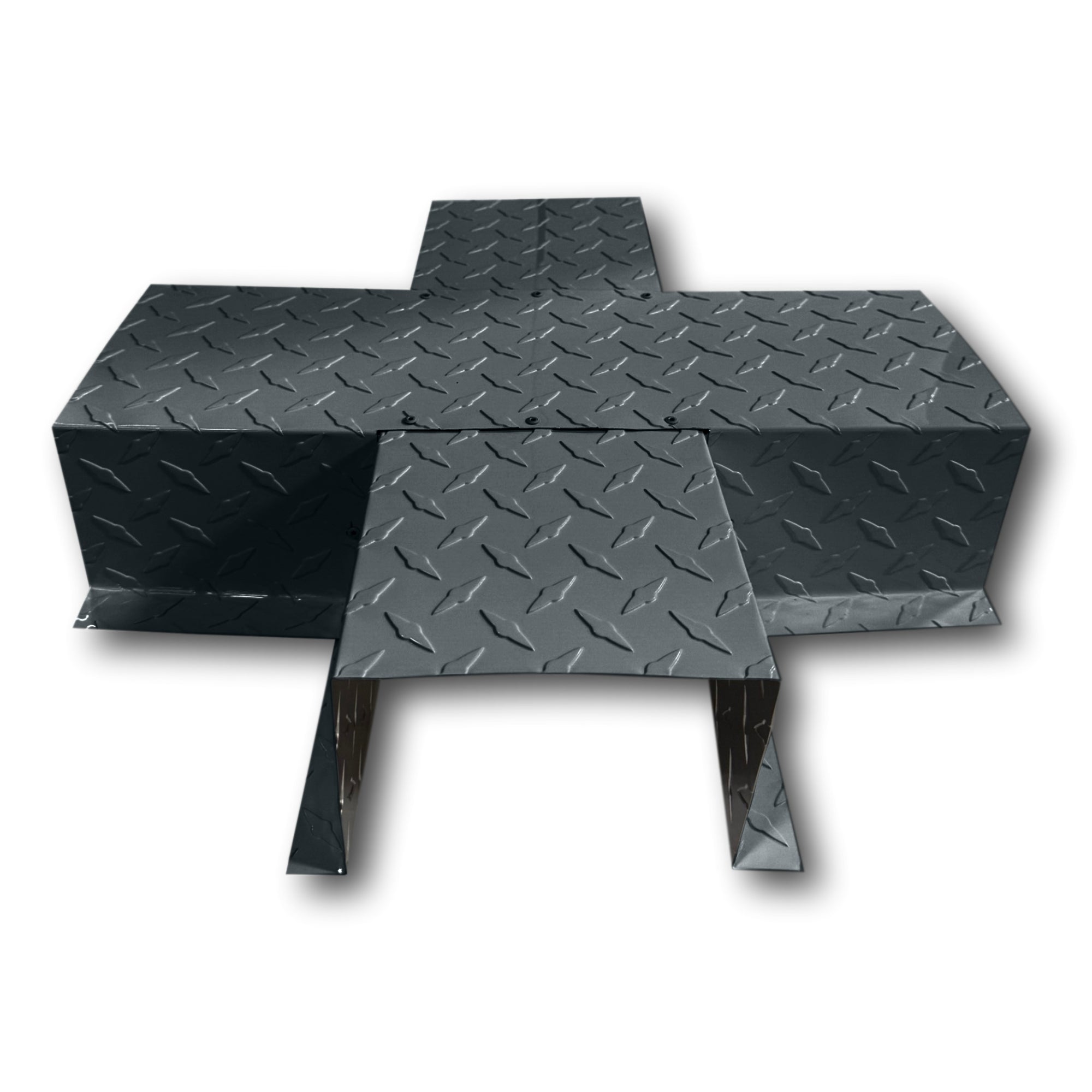 A PermaCover Metal HVAC Line Set Cover 4-Way T-Joint Connector that is made to attach to exterior walls to cover existing HVAC line sets. The elbow cover is made from Aluminum Diamond Plate and is Gray in color. 