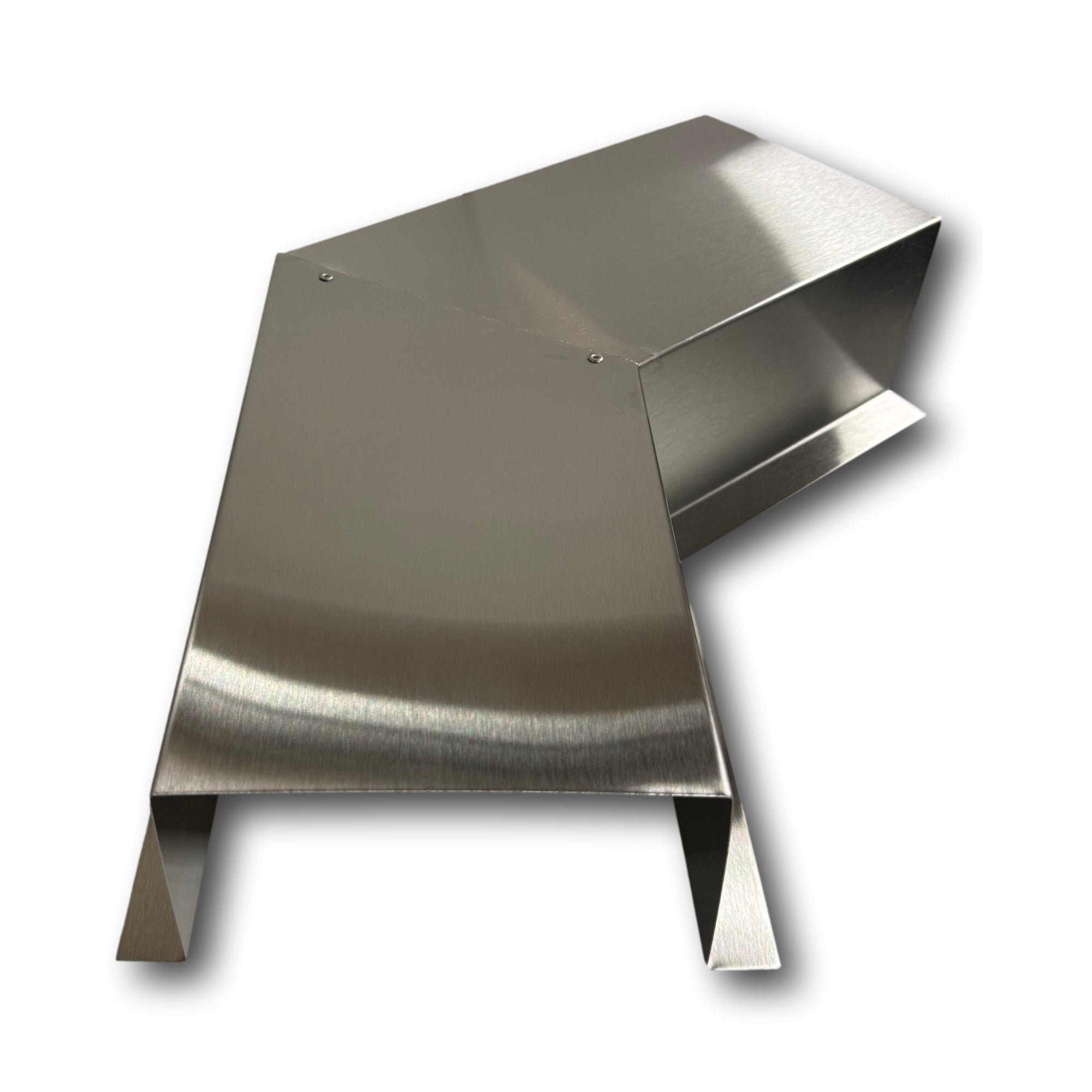 A PermaCover Metal HVAC Line Set Cover 45° Side Turning Elbow that is made to attach to exterior walls to cover existing HVAC line sets. The elbow is made from 26 Gauge Stainless Steel.