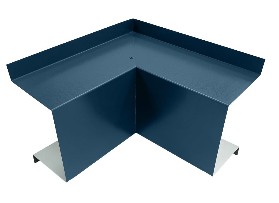 A PermaCover Metal HVAC Line Set Cover Inside Corner Elbow that is made to attach to exterior walls to cover existing HVAC line sets. The elbow cover is Royal Blue in color. 