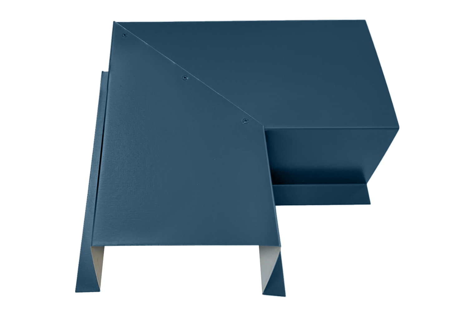 A PermaCover Metal HVAC Line Set Cover 90° Side Turning Elbow that is made to attach to exterior walls to cover existing HVAC line sets. The elbow cover is Royal Blue in color. 