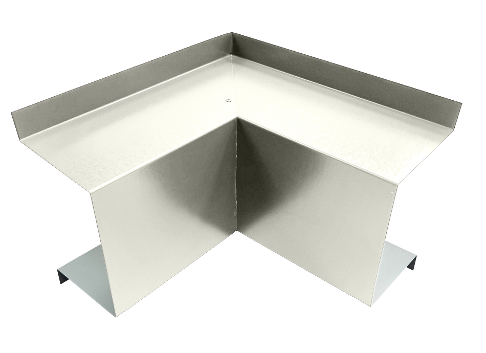 A PermaCover Metal HVAC Line Set Cover Inside Corner Elbow that is made to attach to exterior walls to cover existing HVAC line sets. The elbow cover is Sandstone in color. 