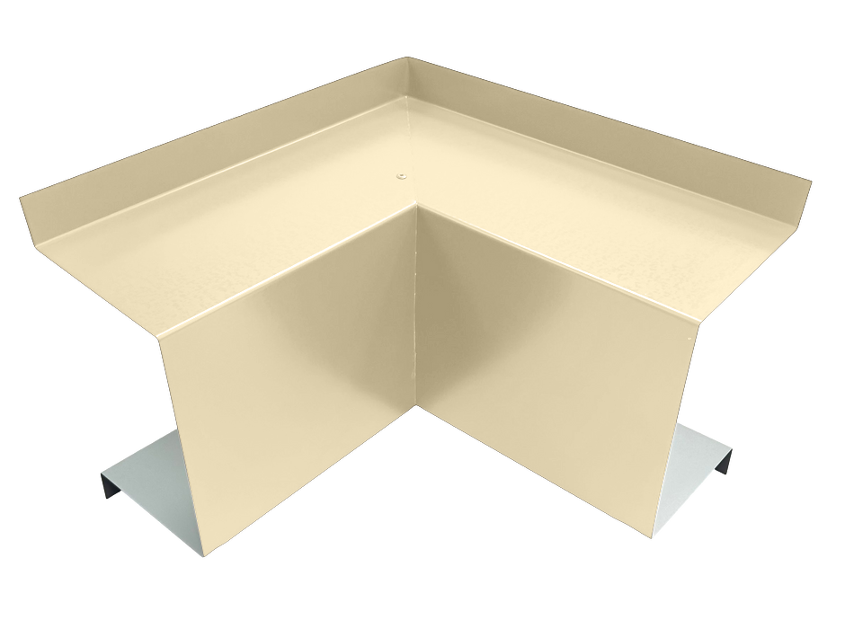 A PermaCover Metal HVAC Line Set Cover Inside Corner Elbow that is made to attach to exterior walls to cover existing HVAC line sets. The elbow cover is Sierra Tan in color. 