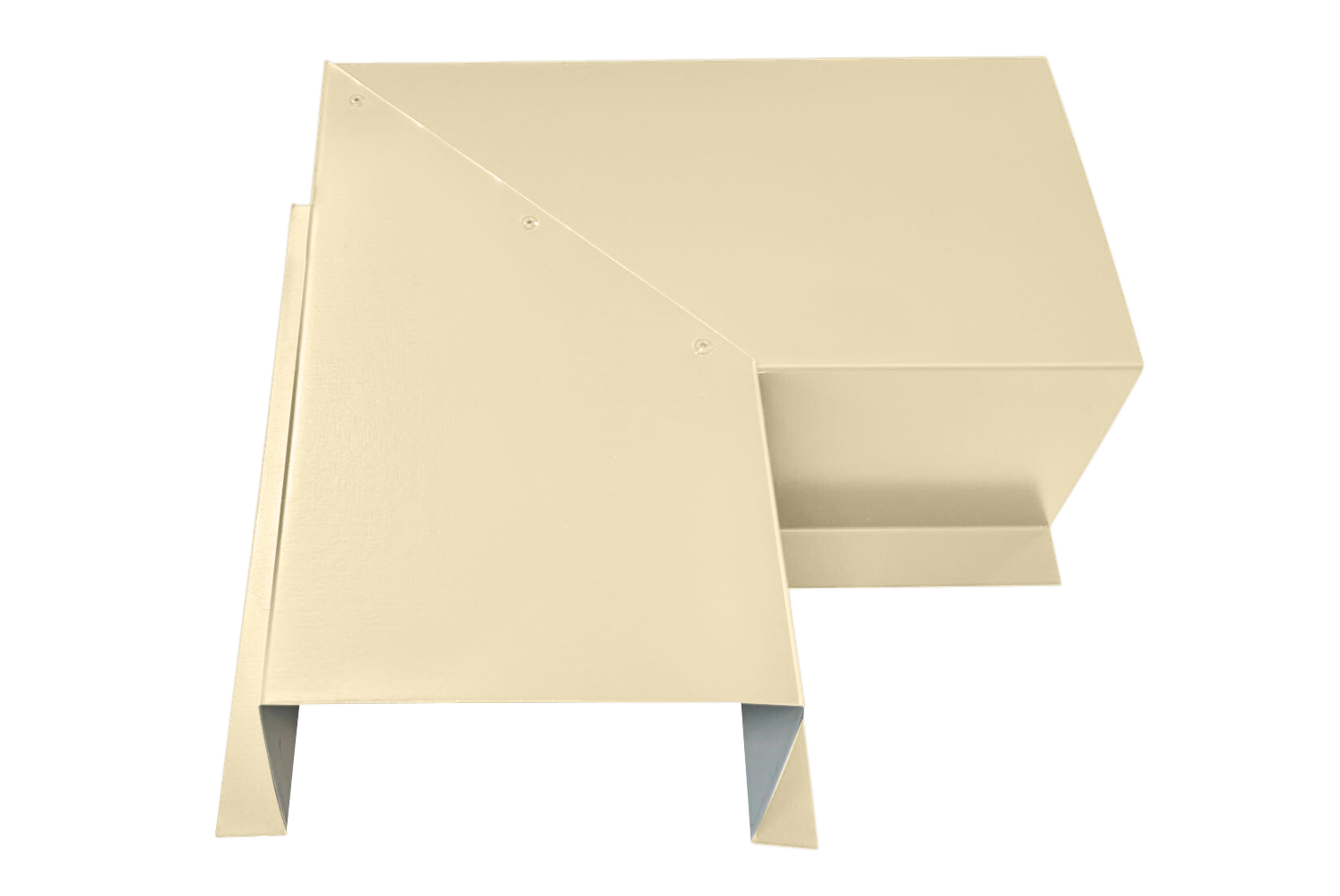 A PermaCover Metal HVAC Line Set Cover 90° Side Turning Elbow that is made to attach to exterior walls to cover existing HVAC line sets. The elbow cover is Sierra Tan in color. 