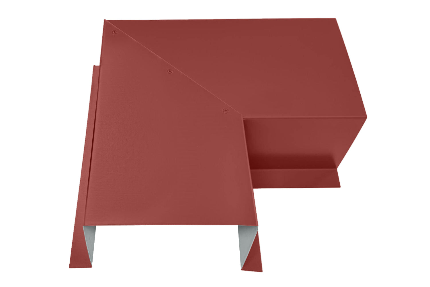 A PermaCover Metal HVAC Line Set Cover 90° Side Turning Elbow that is made to attach to exterior walls to cover existing HVAC line sets. The elbow cover is TerraCotta in color. 