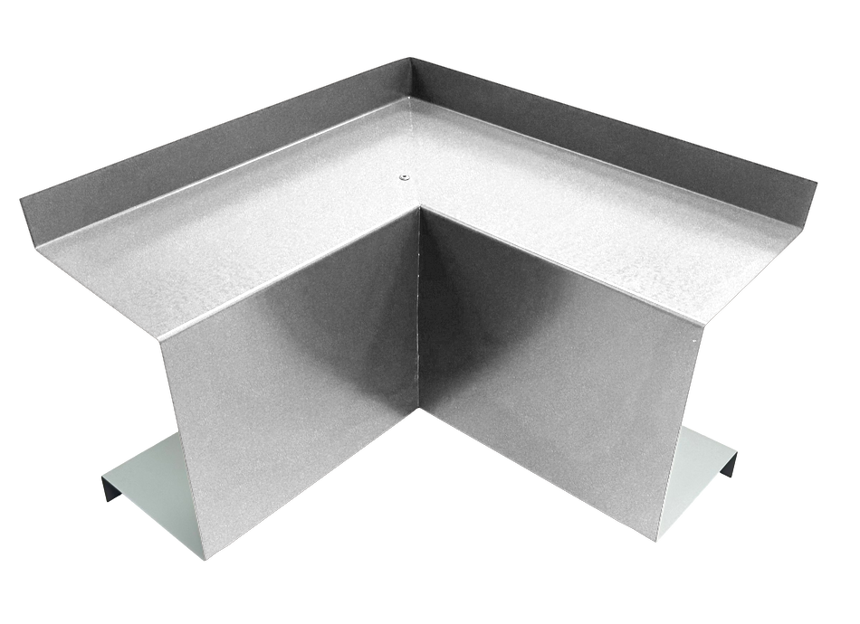 A PermaCover Metal HVAC Line Set Cover Inside Corner Elbow that is made to attach to exterior walls to cover existing HVAC line sets. The elbow cover is Silver in color. 