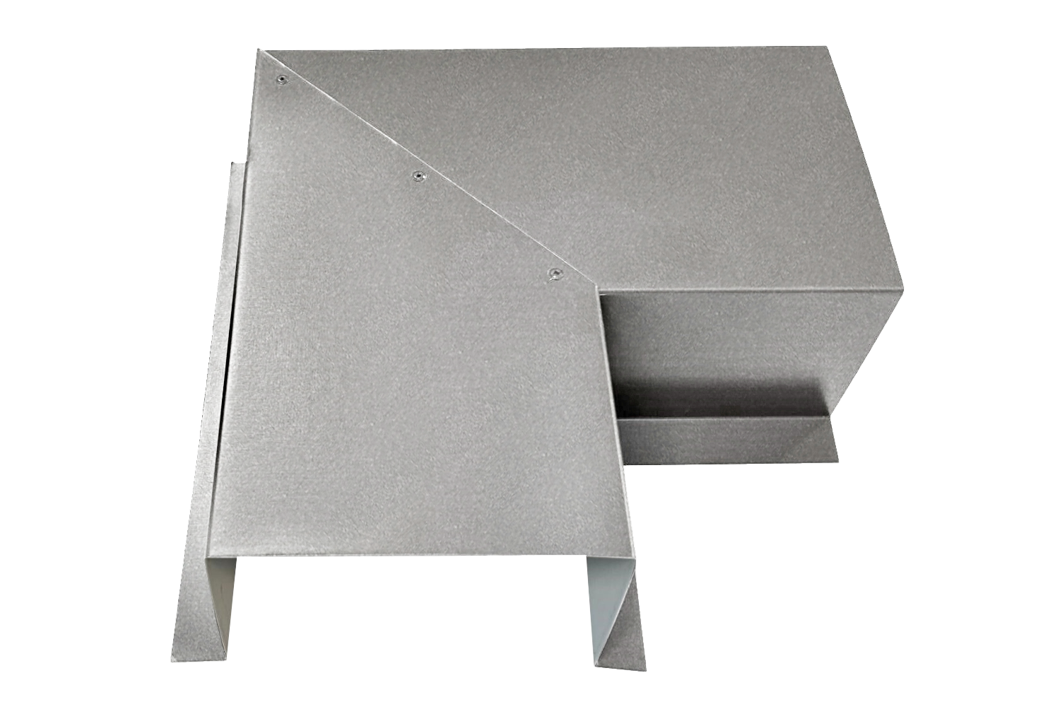 A PermaCover Metal HVAC Line Set Cover 90° Side Turning Elbow that is made to attach to exterior walls to cover existing HVAC line sets. The elbow cover is Silver  in color. 