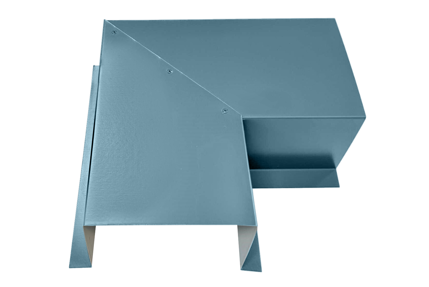 A PermaCover Metal HVAC Line Set Cover 90° Side Turning Elbow that is made to attach to exterior walls to cover existing HVAC line sets. The elbow cover is Slate Blue in color. 