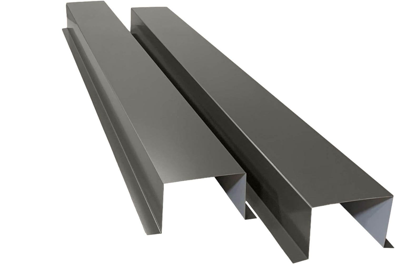 A PermaCover Metal HVAC Line Ste Cover Kit that consists of two 5 foot long sections. The covers telescope together and attach to exterior walls to cover existing HVAC line sets. The cover is Slate Gray in color. 