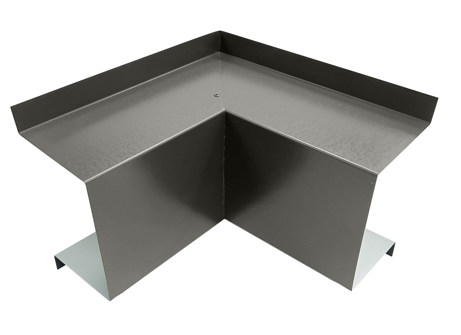 A PermaCover Metal HVAC Line Set Cover Inside Corner Elbow that is made to attach to exterior walls to cover existing HVAC line sets. The elbow cover is Slate Gray in color. 