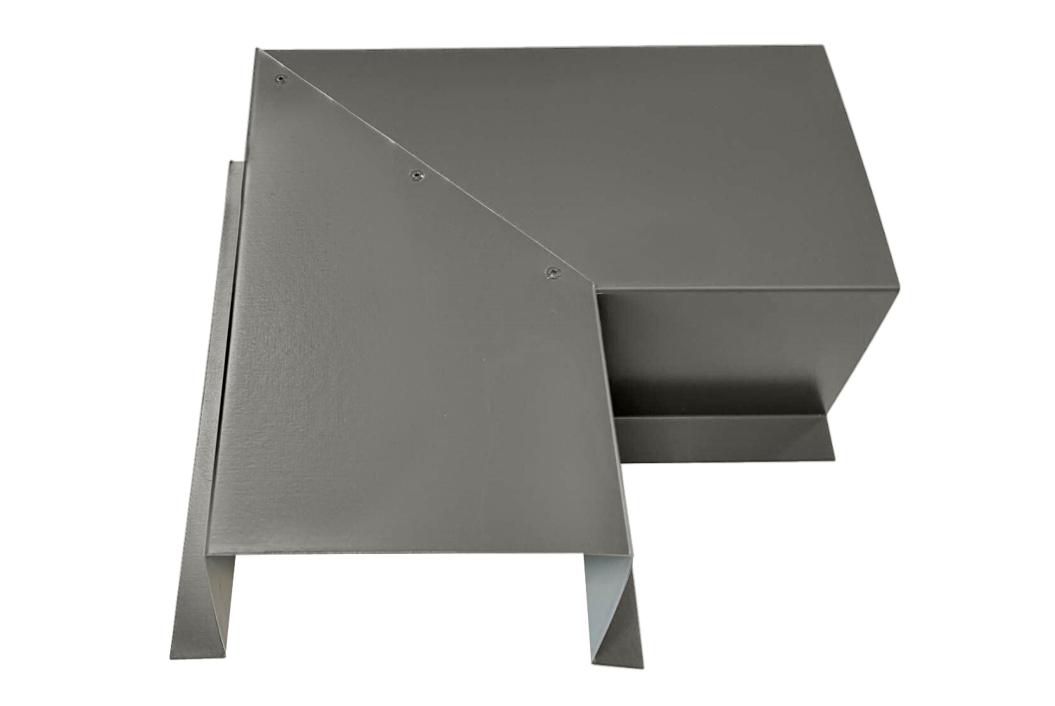 A PermaCover Metal HVAC Line Set Cover 90° Side Turning Elbow that is made to attach to exterior walls to cover existing HVAC line sets. The elbow cover is Slate Gray in color. 