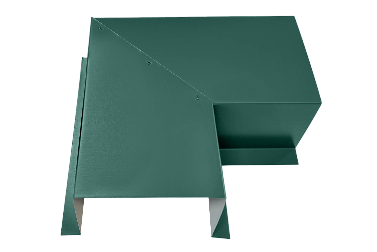 A PermaCover Metal HVAC Line Set Cover 90° Side Turning Elbow that is made to attach to exterior walls to cover existing HVAC line sets. The elbow cover is Teal in color. 