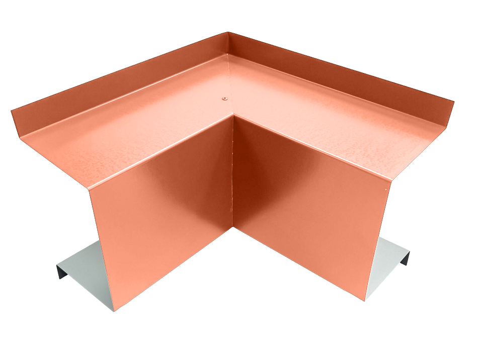 A PermaCover Metal HVAC Line Set Cover Inside Corner Elbow that is made to attach to exterior walls to cover existing HVAC line sets. The elbow cover is TerraCotta in color. 