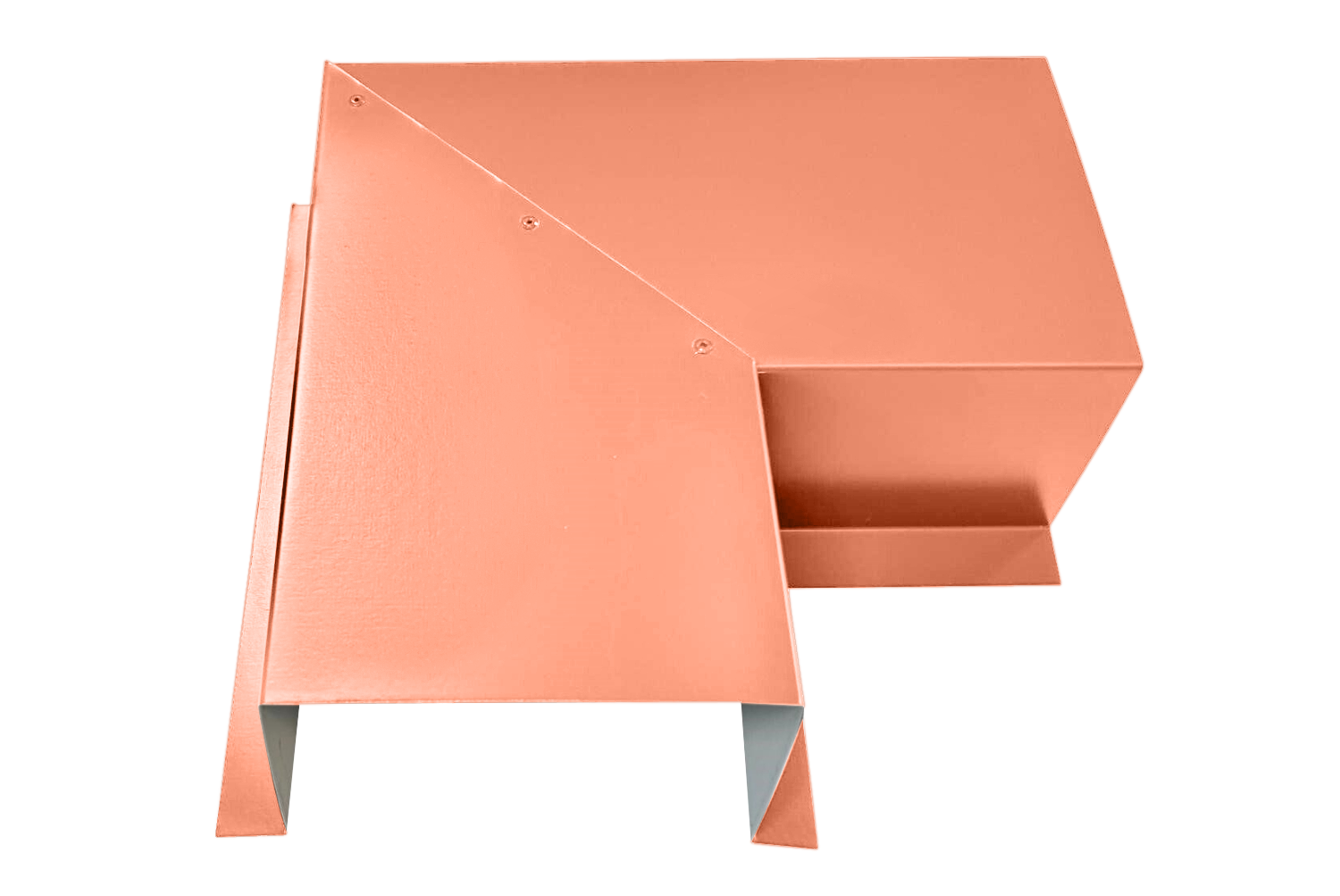 A PermaCover Metal HVAC Line Set Cover 90° Side Turning Elbow that is made to attach to exterior walls to cover existing HVAC line sets. The elbow cover is TerraCotta in color. 