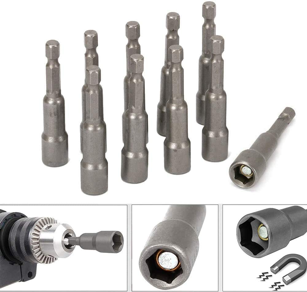 At the top there is a collection of hex bit drivers to show the multiple quantities offered, as well as a hex bit driver placed in a drill tip to demonstrate usage, the inside of the magnetic bit, and a magnet icon to indicate that the bit is magnetic. 