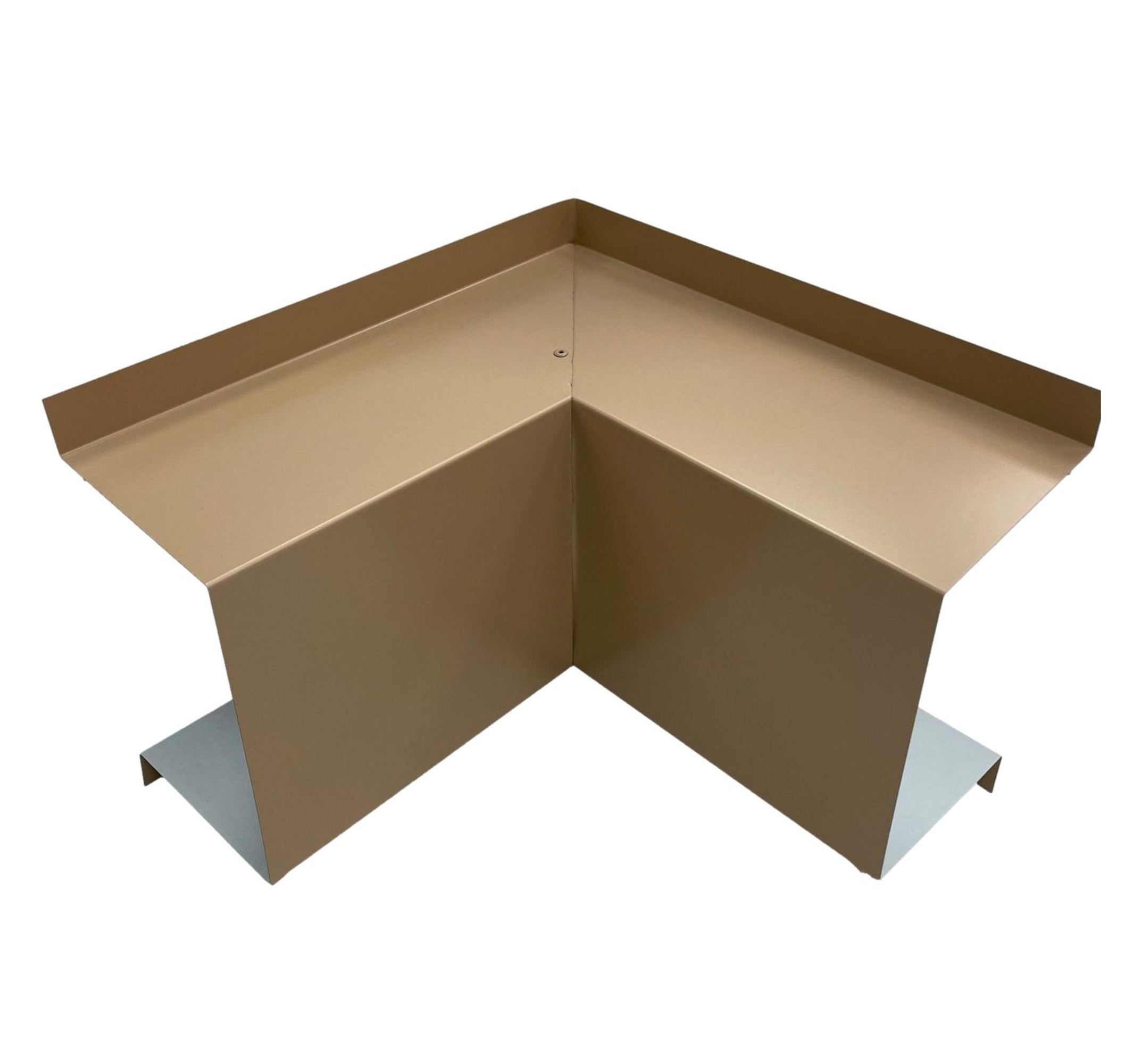 A PermaCover Metal HVAC Line Set Cover Inside Corner Elbow that is made to attach to exterior walls to cover existing HVAC line sets. The elbow cover made from 26 Gauge Painted Steel and is Sahara Tan in color. 