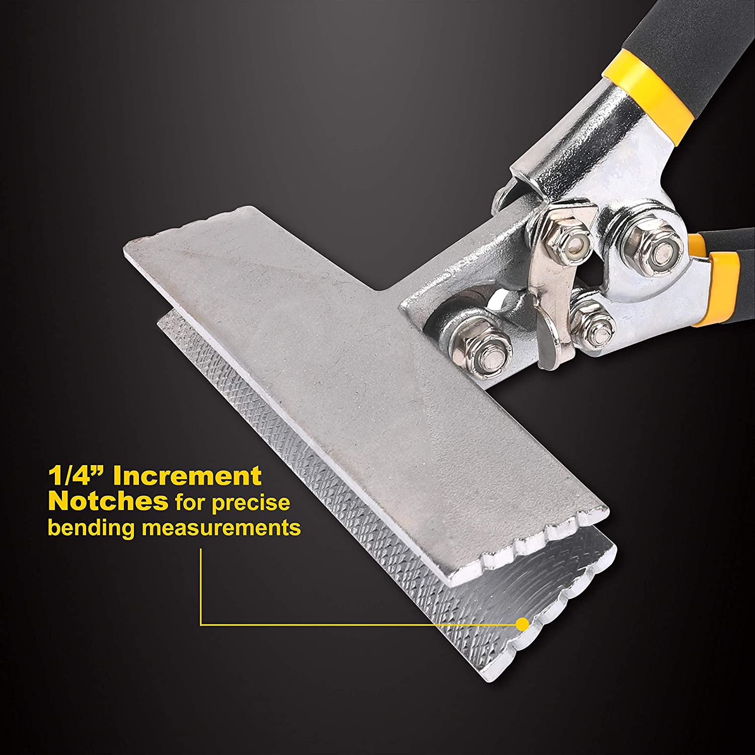 An infographic showing the 6 inch wide sheet metal hand benders that reads "1/4 inch increment notches for precise bending measurements.".