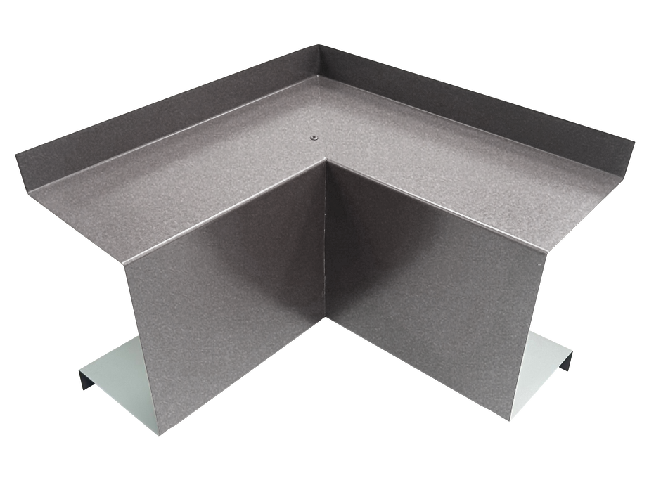 A PermaCover Metal HVAC Line Set Cover Inside Corner Elbow that is made to attach to exterior walls to cover existing HVAC line sets. The elbow cover is Weathered Zinc in color. 