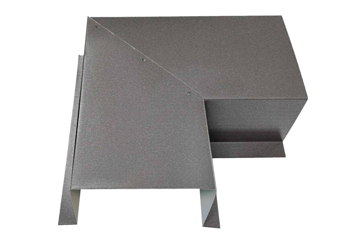 A PermaCover Metal HVAC Line Set Cover 90° Side Turning Elbow that is made to attach to exterior walls to cover existing HVAC line sets. The elbow cover is Weathered Zinc in color. 