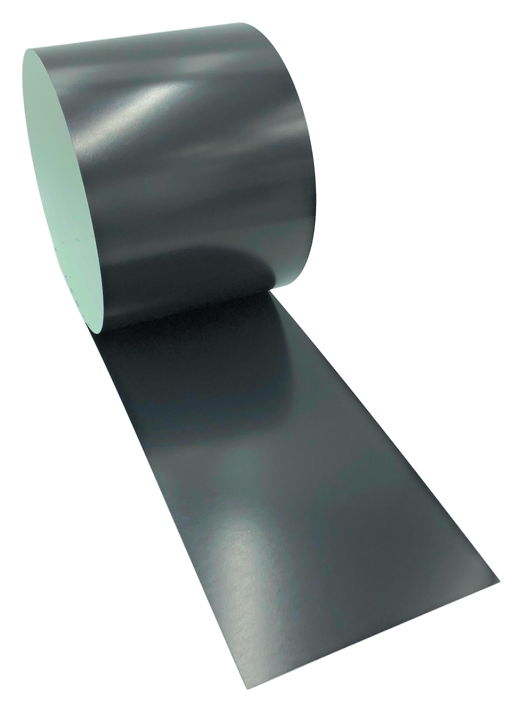 A roll of 26 Gauge Painted Steel that is Deep Black in color. 