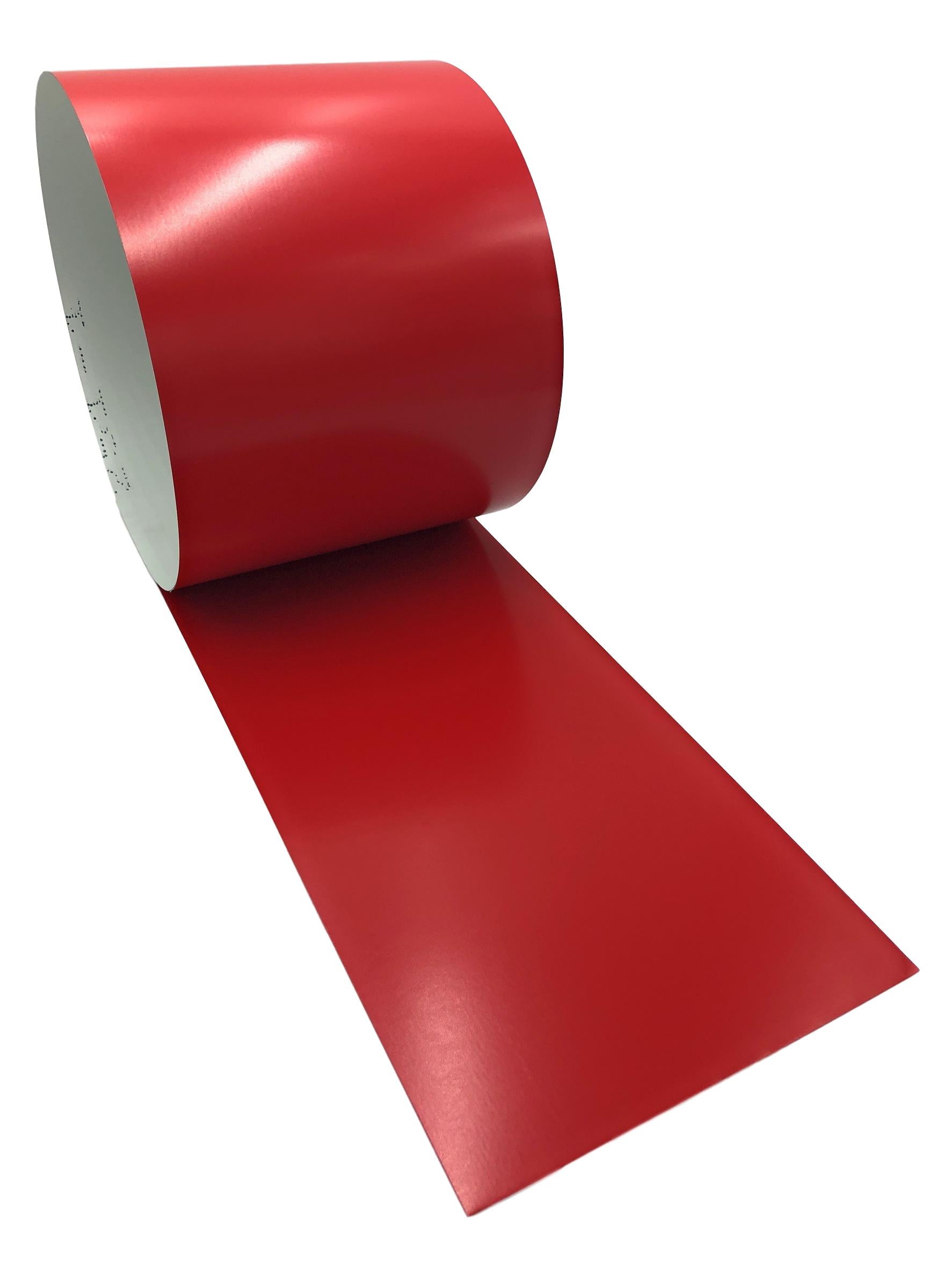 A roll of 26 Gauge Painted Steel that is Red in color. 