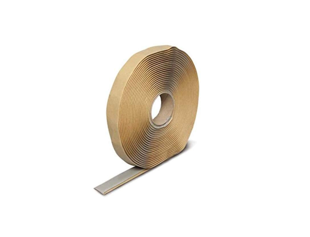 A roll of 1 inch wide Butyl Putty Sealing tape that is used for metal roofing applications. The tape has a removable backing on it. 