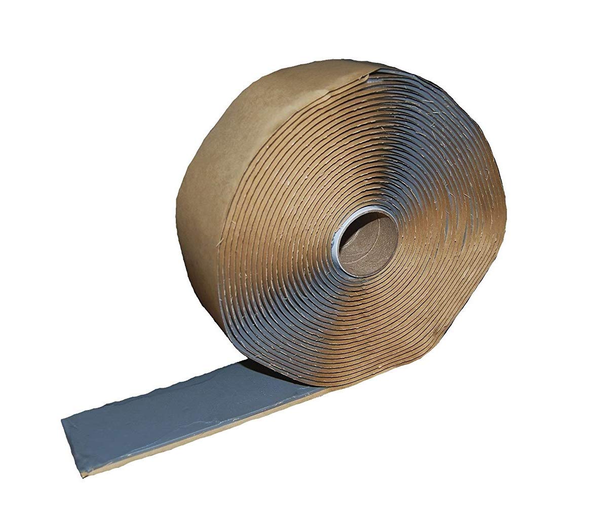 A close up of a roll of 2 inch wide Butyl Putty Sealing tape that is used for metal roofing applications. The tape has a removable backing on it. 