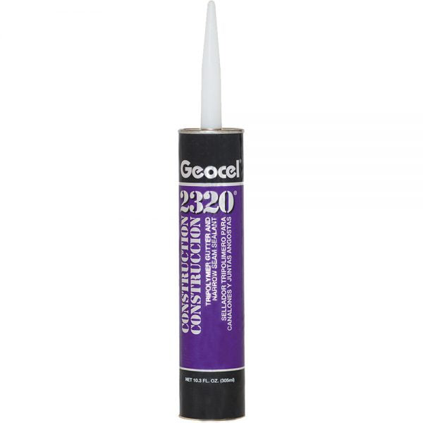 A tube of Geocel 2320 Construction Sealant that is plastic and water proof. The sealant is used for roofing and construction applications. 